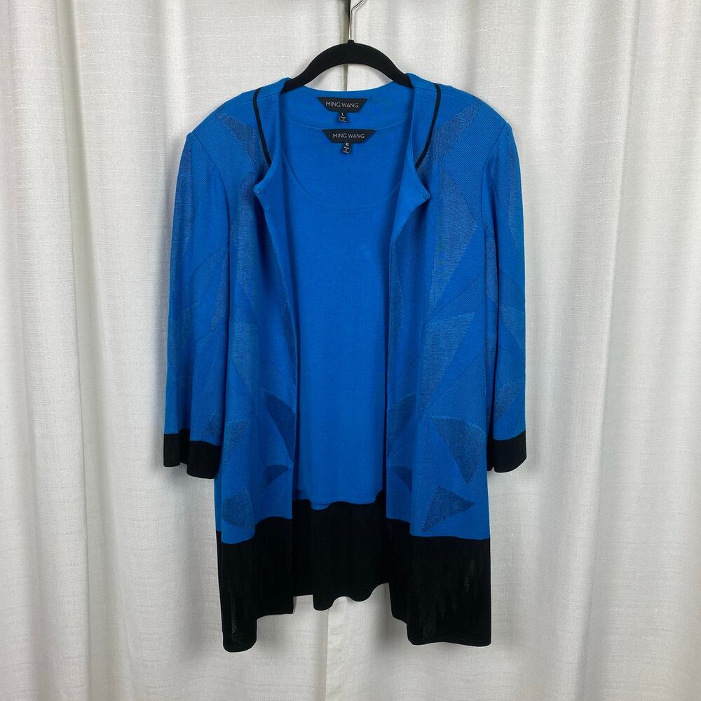 Ming Wang Blue and Black Cardigan Sweater